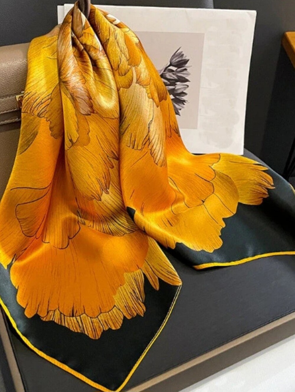 Silk-Feel Yellow Floral Scarf - Women Accessories